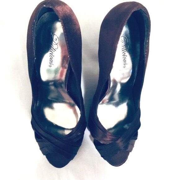 7 ❀ Stiletto Heels Pumps Womens Brown Satin Peep-Toe Shoes 3" Sexy y2k Prom - Picture 4 of 7